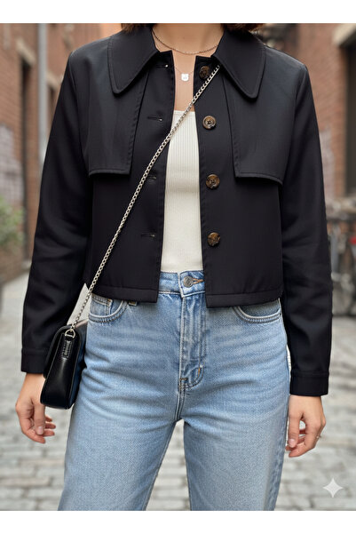 QUBERZ Women's Black-Khaki-Beige and Brown Crop Trench Coat - Short Cut Stree...