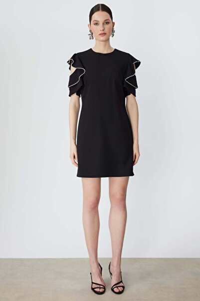 Ekol Omuzları Taşlı Kısa Kollu Mini Elbise