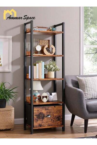 Ammar Space 5 Tier Bookshelf with Drawer Tall Narrow Bookcase with Shelves Wo...