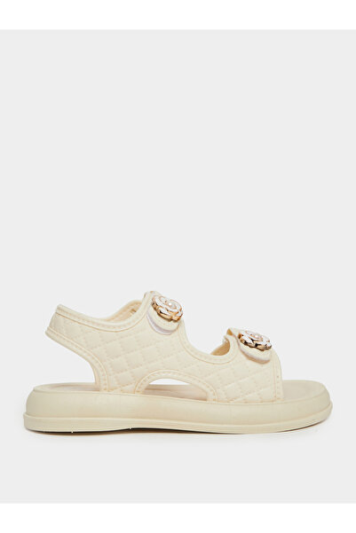 Styli Beige Quilted Sandals with Flower Detail