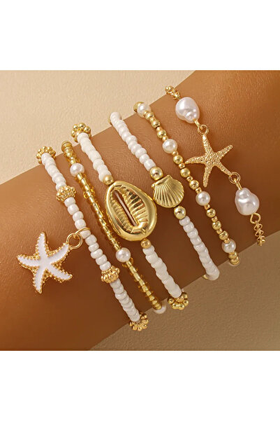 Choice White Vintage Seed Bead Stacked Bracelet Set Starfish Shell Embellishm...
