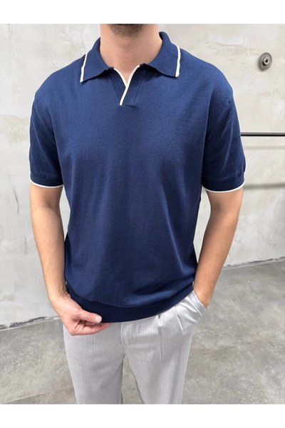 DIFRANSEL JEANS Men's Basic Polo Collar Striped Thin Knitwear T-Shirt