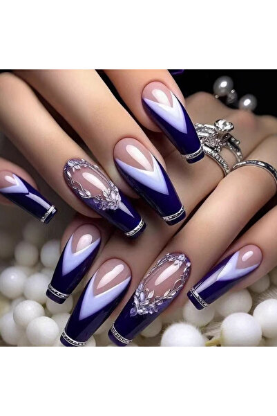 Choice1 S041 24pcs Press on Nails Fashion Blue French Tips with Flower Design...