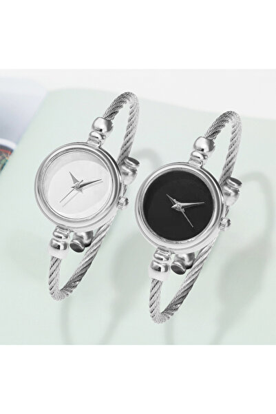 Choice طقم ساعات نسائية فضية مكون من قطعتين، سوار ذهبي أنيق، ساعة يد نسائية