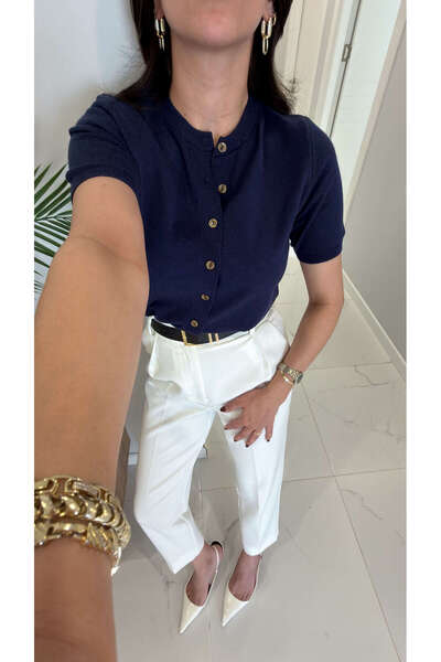 BİRCANÇİL Md Penna Navy Blue Buttoned Short Sleeve Cardigan