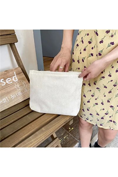 Choice1 حقيبة مستحضرات تجميل بيضاء من قماش الكوردروي، حقيبة تخزين مكياج محمول...