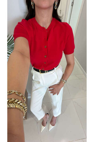 BİRCANÇİL Md Penna Red Buttoned Short Sleeve Cardigan