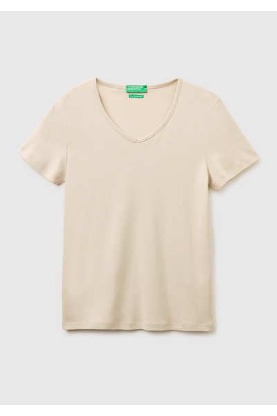 United Colors of Benetton Women's stone 100% cotton wide v-neck t-shirt
