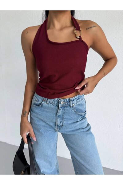 hazelin Women's Burgundy Ottoman Fabric Halter Collar Buckle Detail Blouse Hz...