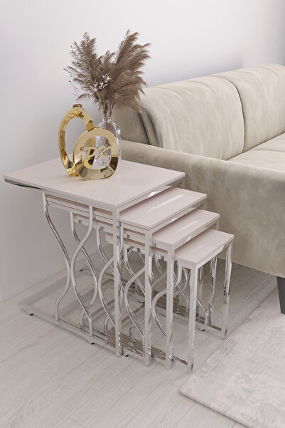 Puklife İnci Tekerlekli Zigon Sehpa Gümüş Ayak Krem Parlak Yüzey Mdf