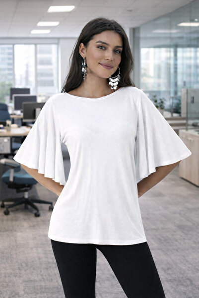 AQE FASHION Bluză de damă, albă, cu mânecă scurtă, cu mâneci cu volane, decol...