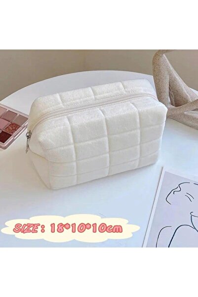 choice2 Beige Solid Fur Cosmetic Storage Bag Large Women Zipper Makeup Organi...