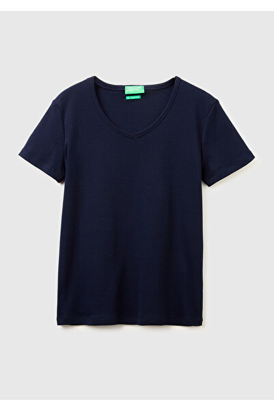 United Colors of Benetton Women's navy blue 100% cotton wide v-neck t-shirt