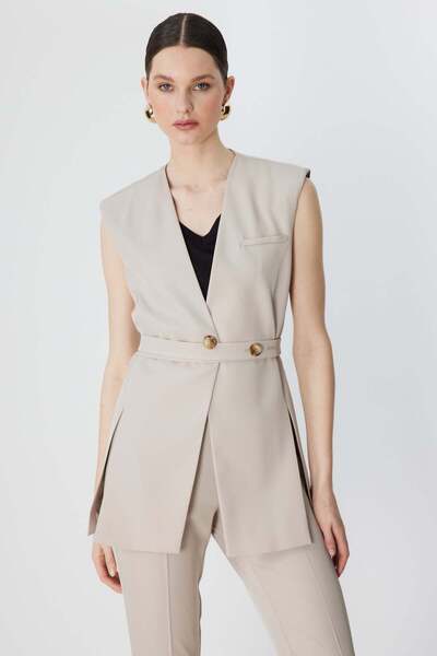 Ekol Beli Kuşaklı Yırtmaç Detaylı Yelek