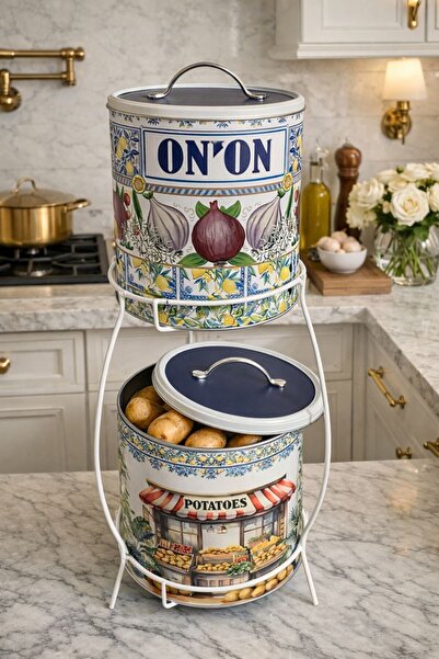 FeyzaDesign Şık 2 Katlı Metal Patates ve Soğan Saklama Kovası, Mimoza Desenli