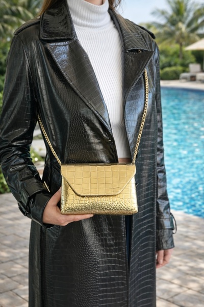 PİNK PEARL Gold Kroko Desenli Zincir Askılı Kadın Omuz & Çapraz Çanta