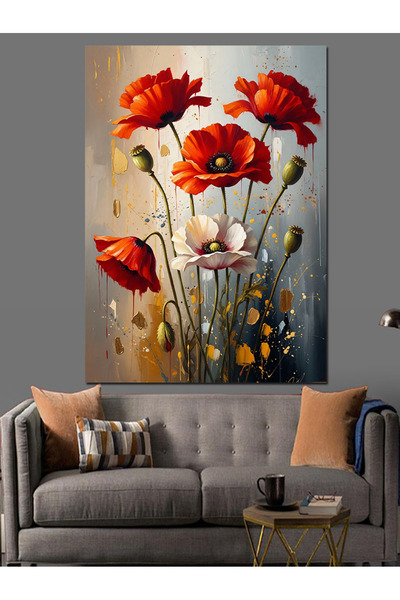 Artmeg Vazoda Kırmızı Gelincik Sanatı Dekoratif Kanvas - Mdf Ahşap Tablo