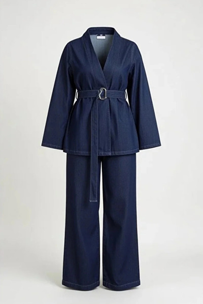 mega lucky Dark Navy Blue Denim Double Set with Belt Detail – Oversized Jacke...