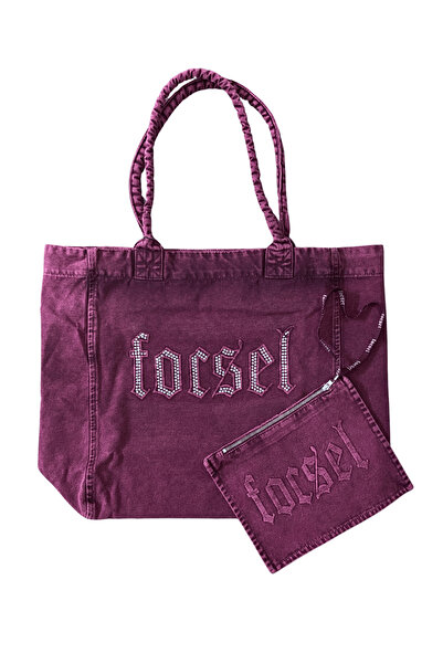 focsel Canvas Kumaş Taş Detaylı Tote Çift Çanta