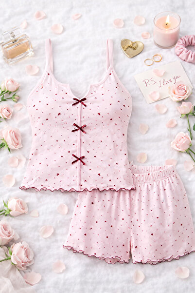 koza iç giyim Women's Camisole Strap Baby Overlook and Bow Detailed Shorts Set