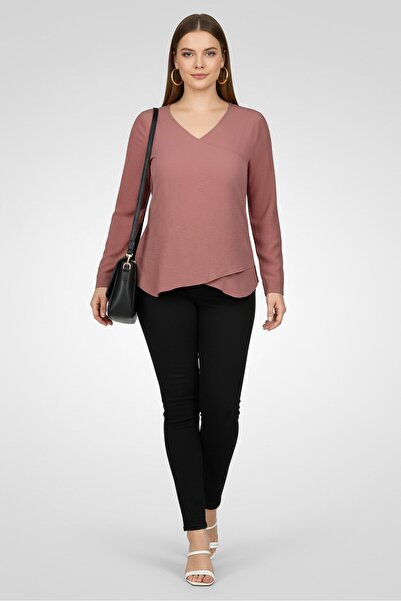 Ulyashova بلوزة نسائية سادة بأكمام طويلة وفتحة رقبة متقاطعة، لون وردي باهت
