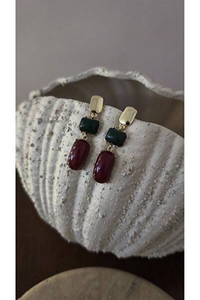 VOBEEYKU Gold Plated Green and Burgundy Stone Dangle Earrings