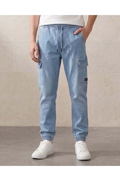 REDTAG Senior Boys Light Wash Knit Denim Cargo Jogger