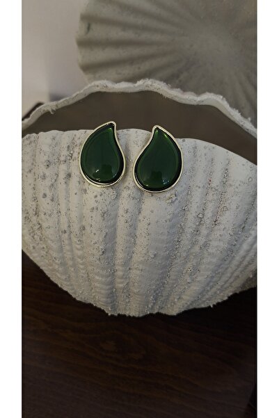 VOBEEYKU Gold Edged Drop Edged Green Stone Look Earrings