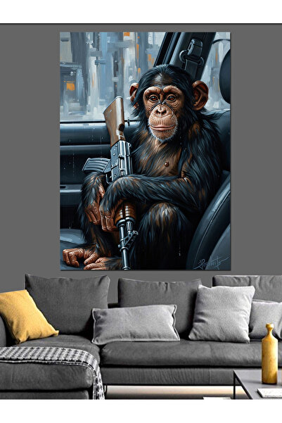 Tablo Mega Silahlı Modern Maymun Figürü Dekoratif Kanvas - Mdf Ahşap Tablo
