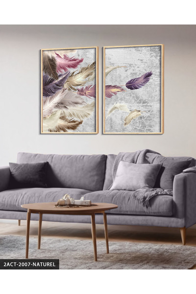 Evinemoda Colorful Feathers 2 Piece Wooden Framed Painting Act