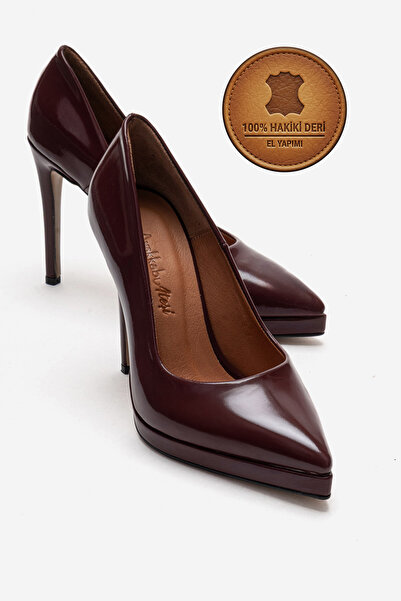 Ayakkabı Ateşi Genuine Leather Women's Burgundy Patent Leather Platform Heele...