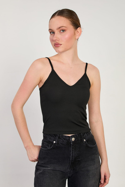 BARRELS AND OIL Women's ribbed tank top with built-in bra - black