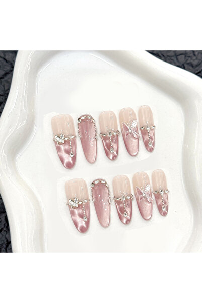 Choice9 M 10pcs Handmade Press on Nails Pink Butterfly Design Fake Nails Wear...