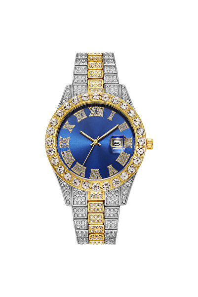Choice Blue Luxury Hip Hop Stainless Steel Gold Color Calendar Watch For Men ...