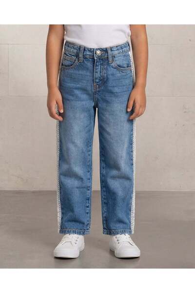 REDTAG بنطلون دانتيل واسع الساقين للبنات بلون أزرق متوسط ​​مع حشوة دانتيل