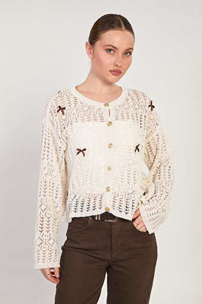 BARRELS AND OIL Women's Gold Buttoned Bowknot Openwork Cardigan - Ecru