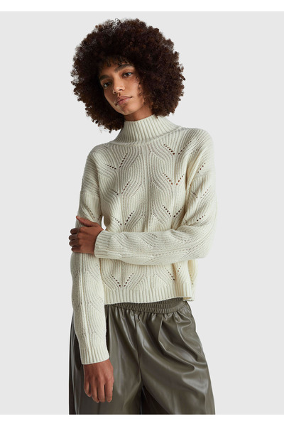 United Colors of Benetton Women's Cream Wool Blend Knitted Turtleneck Sweater