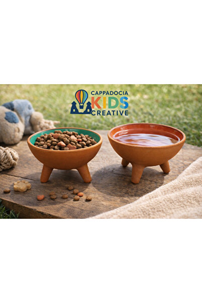 Universal 2'li Ayaklı Sırlı Toprak Çömlek Kedi - Köpek Mama & Su Kabı (15CM)