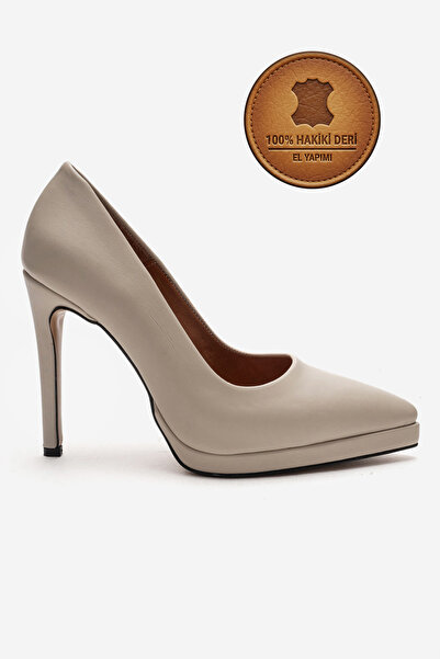 Ayakkabı Ateşi حذاء نسائي من الجلد الطبيعي باللون البيج بكعب عالٍ ومقدمة مدبب...