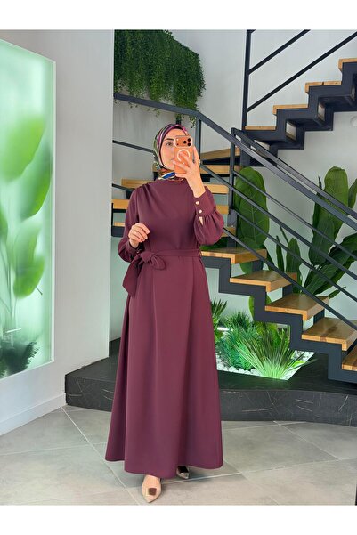 Armine Trend Seyyar Kemerli Krep Elbise 26YT904 Mürdüm