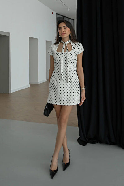 MOZENA White Polka Dot Patterned Mini Designer Dress
