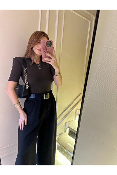 Chamakh Acı Kahve V Yaka Vatkalı Viskon Çıtçıtlı Bodysuit