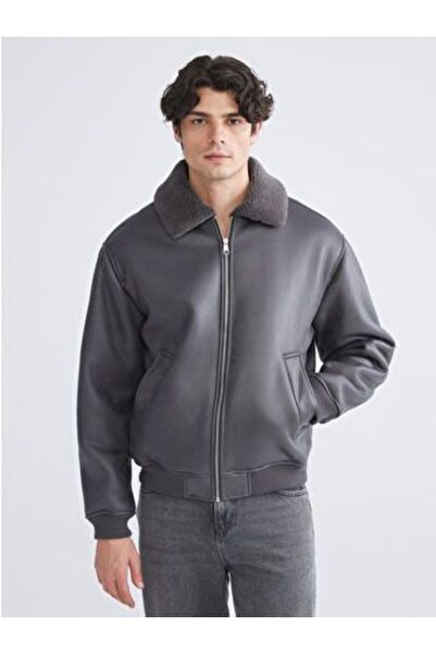 LC Waikiki Plush Collar Men's Leather Look Coat