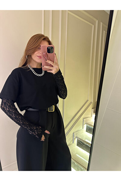 Chamakh Siyah Kol Dantelli İkili Bluz