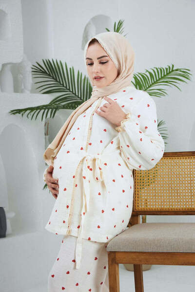 Lollybabies Lolly Babies Lohusa Pijama Takımı | Kırmızı Kalp | Pamuklu