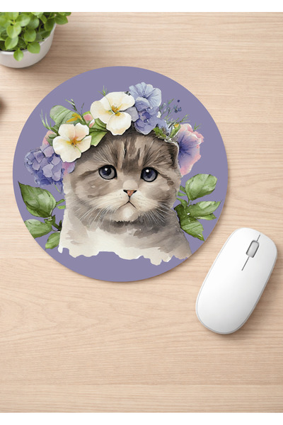 Eylül Design Floral Cats Printed Round Non-Slip Mousepad Ergonomic Mouse Pad