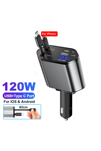 Choice Wire For IOS Android 4 IN 1 Car Phone Charger 120W Type C 66W+2.4A Cha...