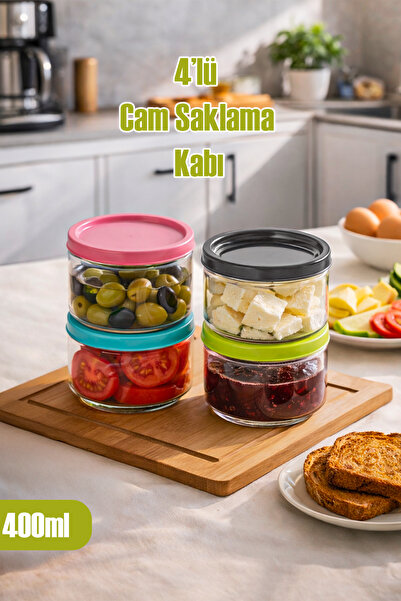 Porsima Lapis Flat 4-Piece Airtight Glass Breakfast Set with Colorful Lid Sto...