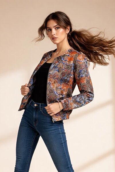 Ded COLLECTION Women's Vintage-Inspired Earth-Toned Ethnic Patterned Bomber J...