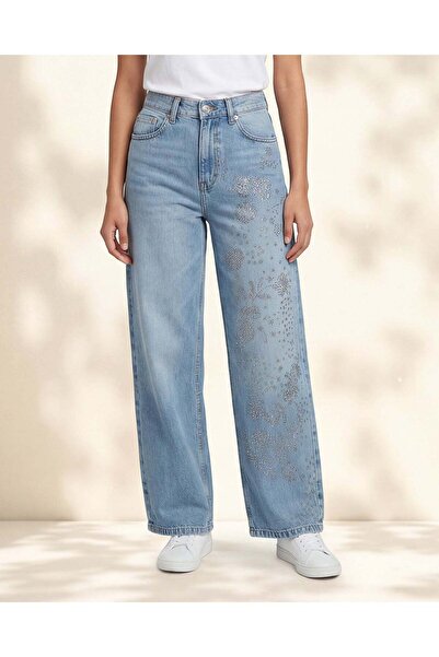 REDTAG Women Blue Baggy Stone Embellished Jeans